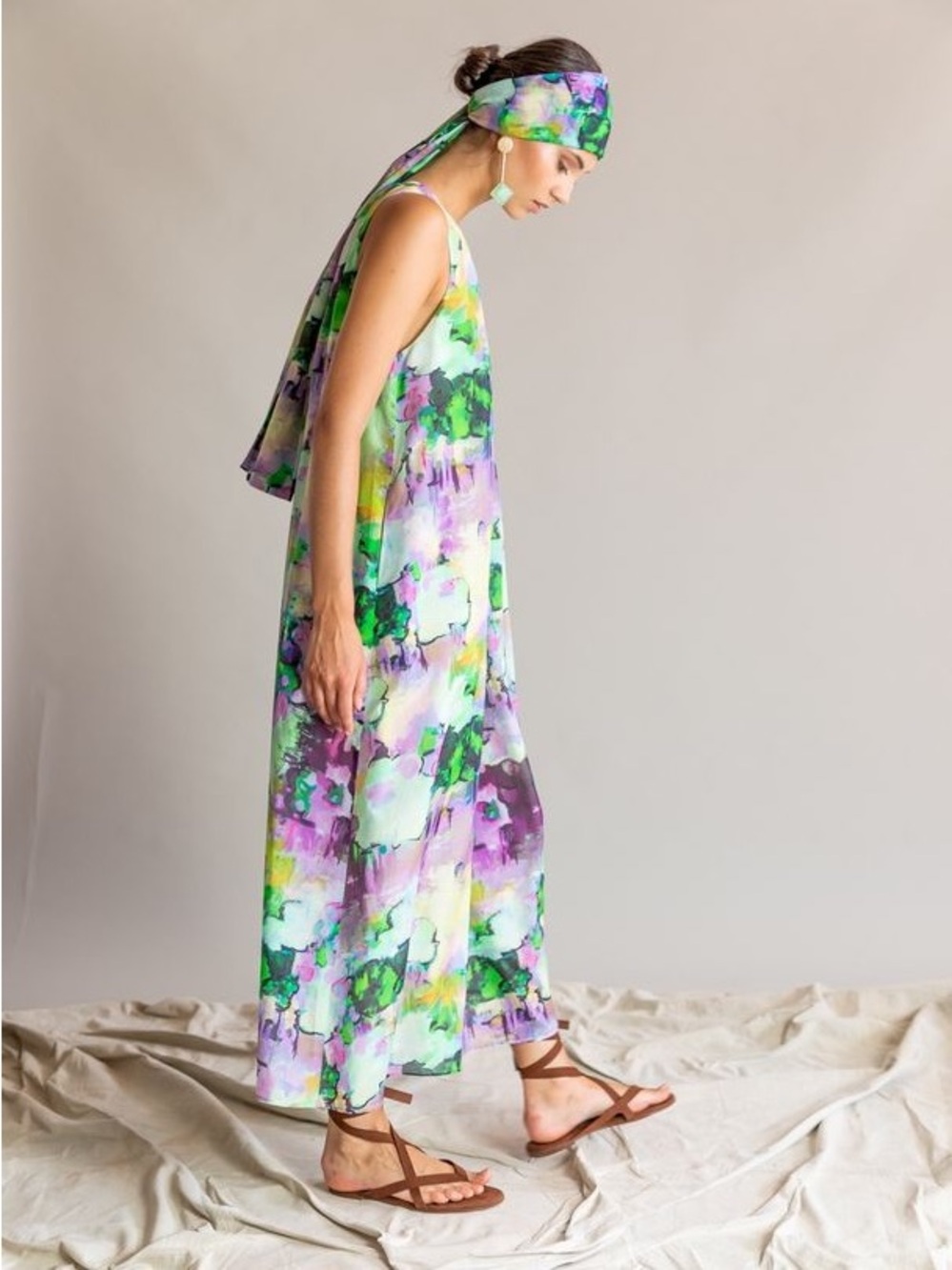 Floral Watercolor Maxi Dress in Green & Purple
